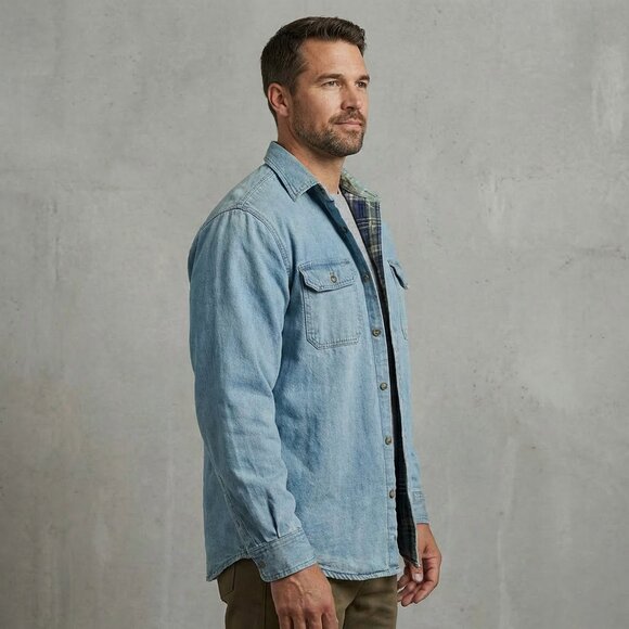 Men's vintage fleece lined denim jacket shirt - Picture 3 of 15